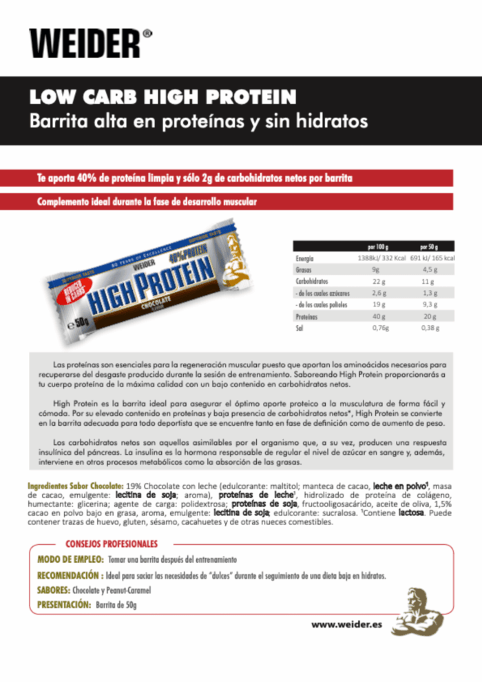 40% LOW CARB HIGH PROTEIN BAR (WEIDER) - Imagen 4