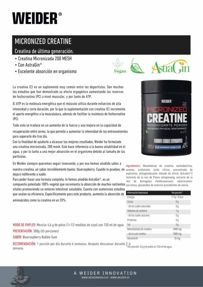 MICRONIZED CREATINE 200 MESH (WEIDER) - Imagen 3