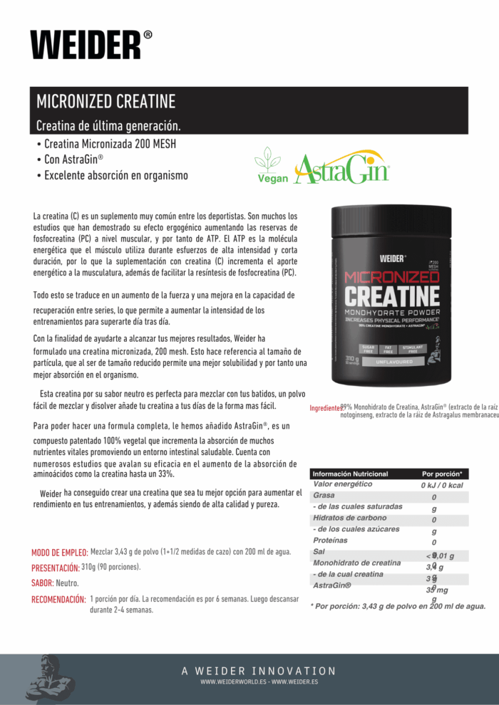 MICRONIZED CREATINE 200 MESH (WEIDER) - Imagen 2
